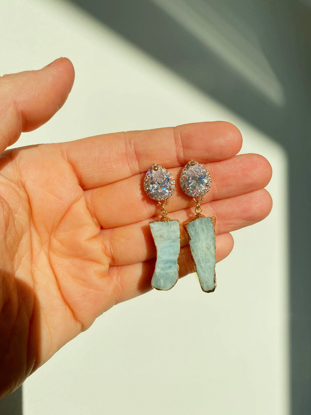 Blue larimar rose gold CZ statement earrings for something blue bride