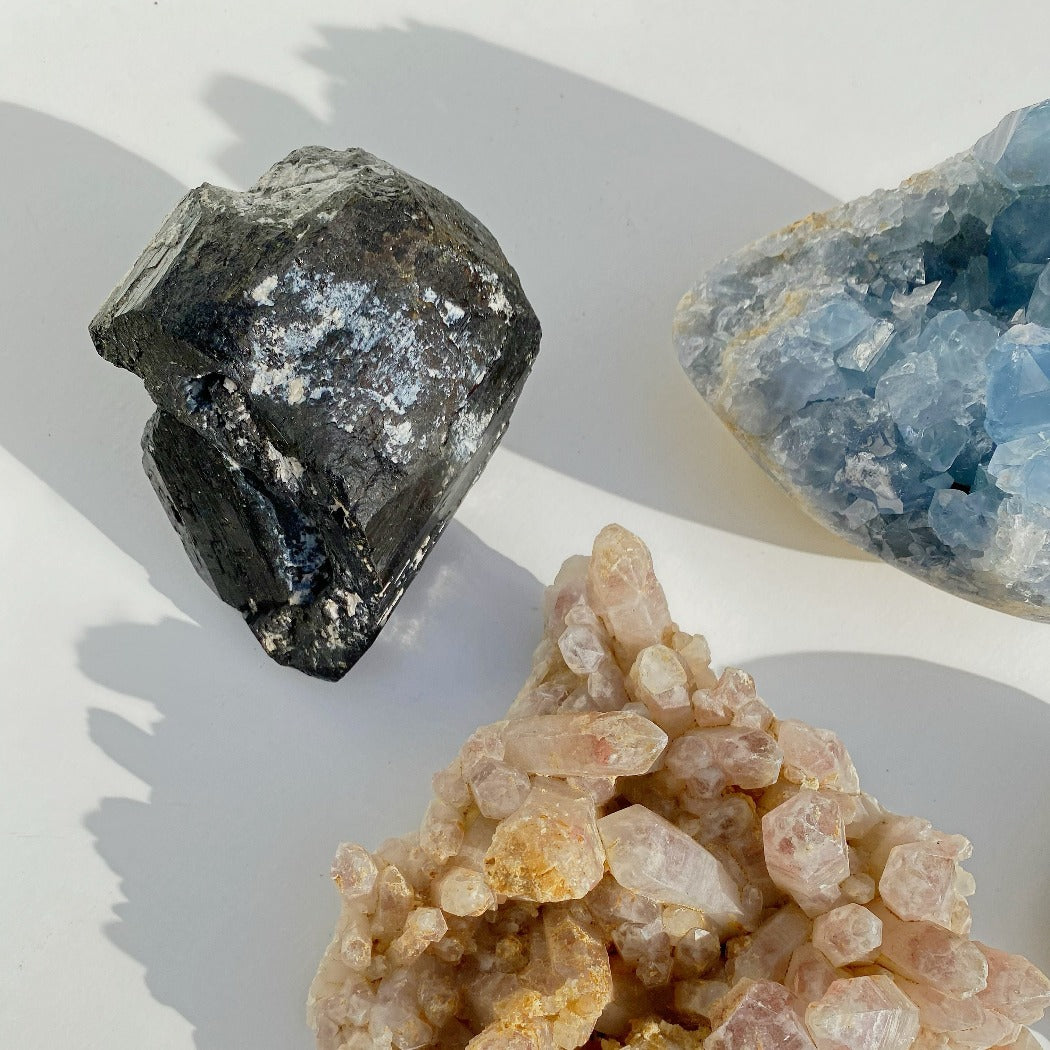 tourmaline celestine and strawberry quartz large crystals as home decor