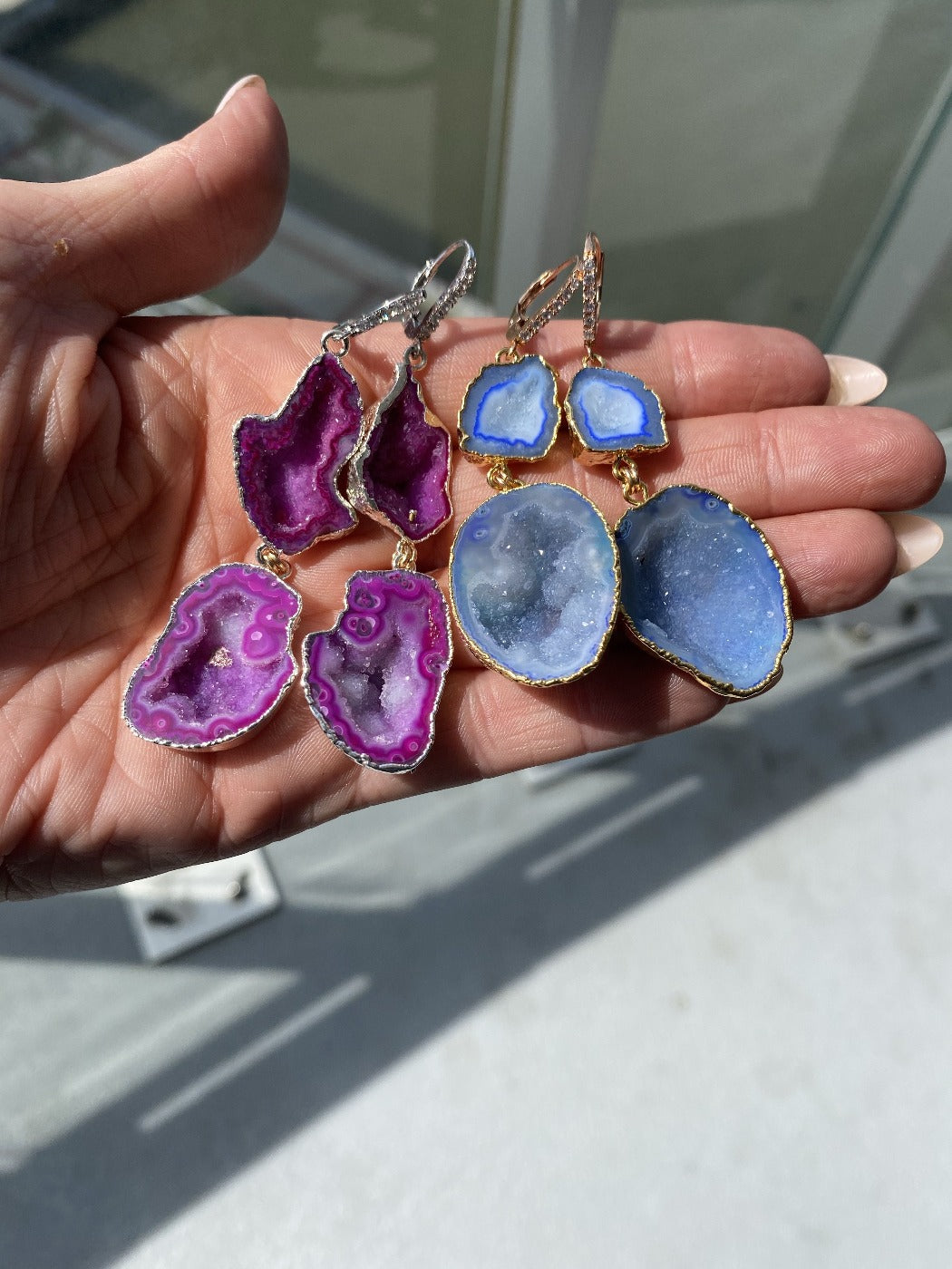 pink and blue geode statement earrings with CZ loop