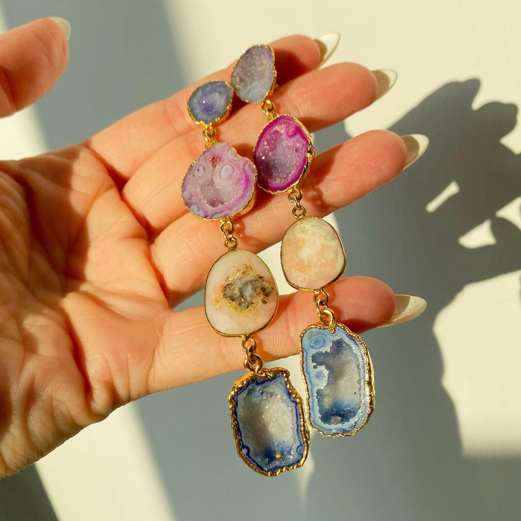 large multicolor geode statement earrings in gold
