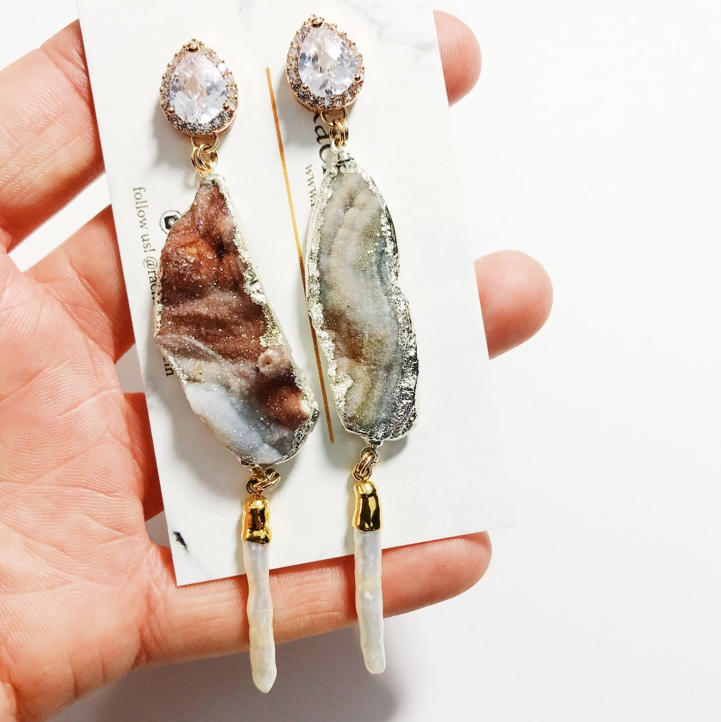 Neutral drusy and Pearl statement earring for wedding