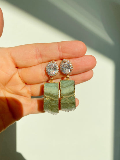green amethyst and rose gold statement earrings for bride wedding