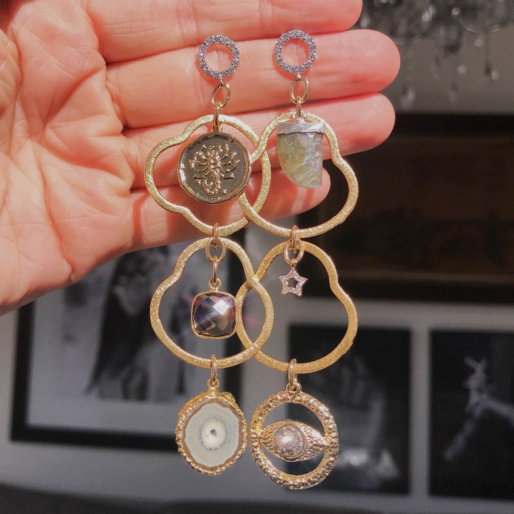 Rachel Mulherin Dorothea customizable charm earrings in gold with geode stones and charms
