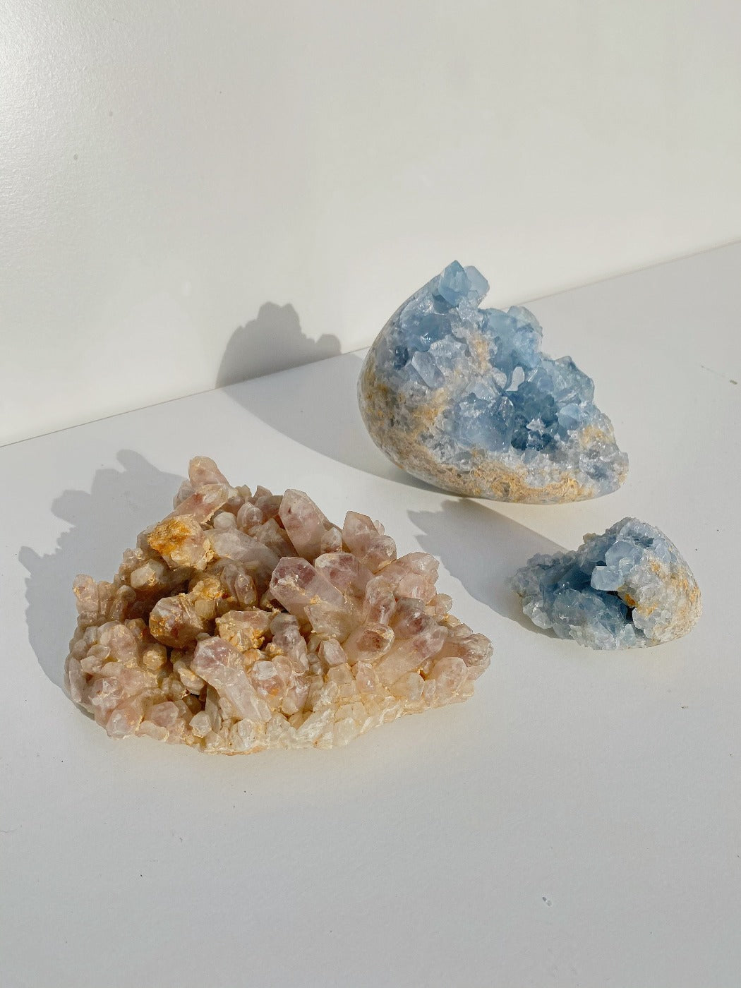 holy glam celestine crystal and strawberry quartz home decor