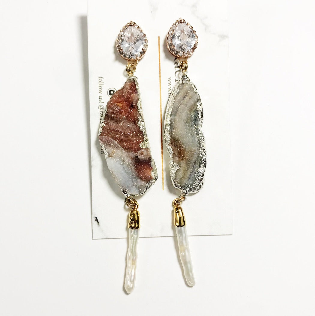 Neutral drusy and Pearl statement earring for wedding