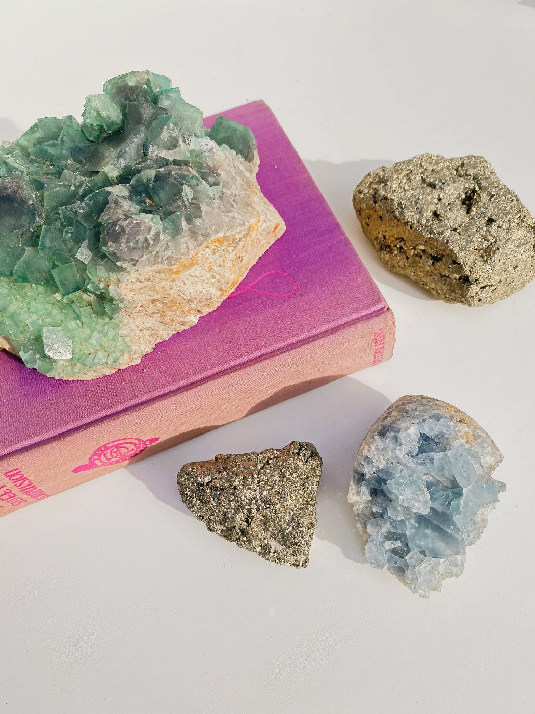 holy glam celestine crystal green flourite and pyrite as home decor
