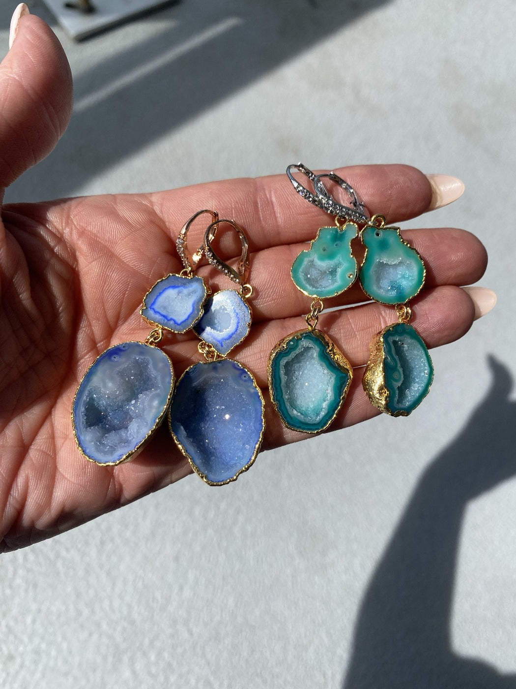 blue and green geode statement earrings with CZ leverback
