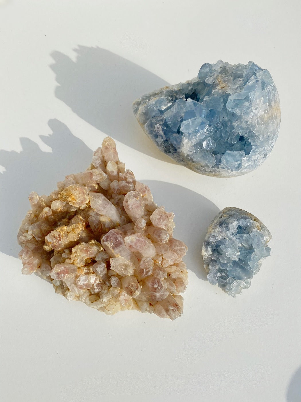 holy glam celestine crystal and strawberry quartzas home decor