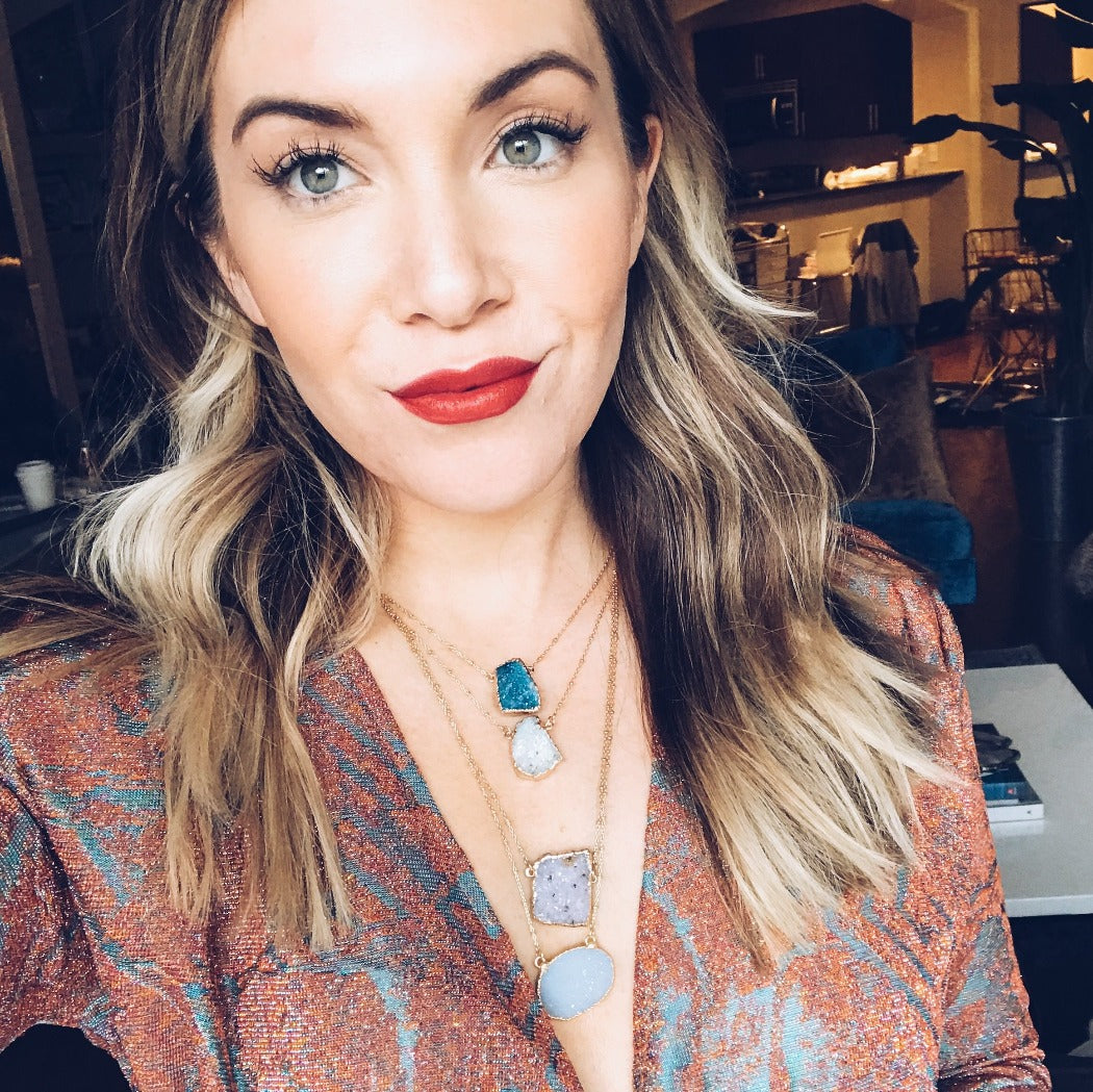 Rachel Mulherin delicate drusy layered necklaces on neck