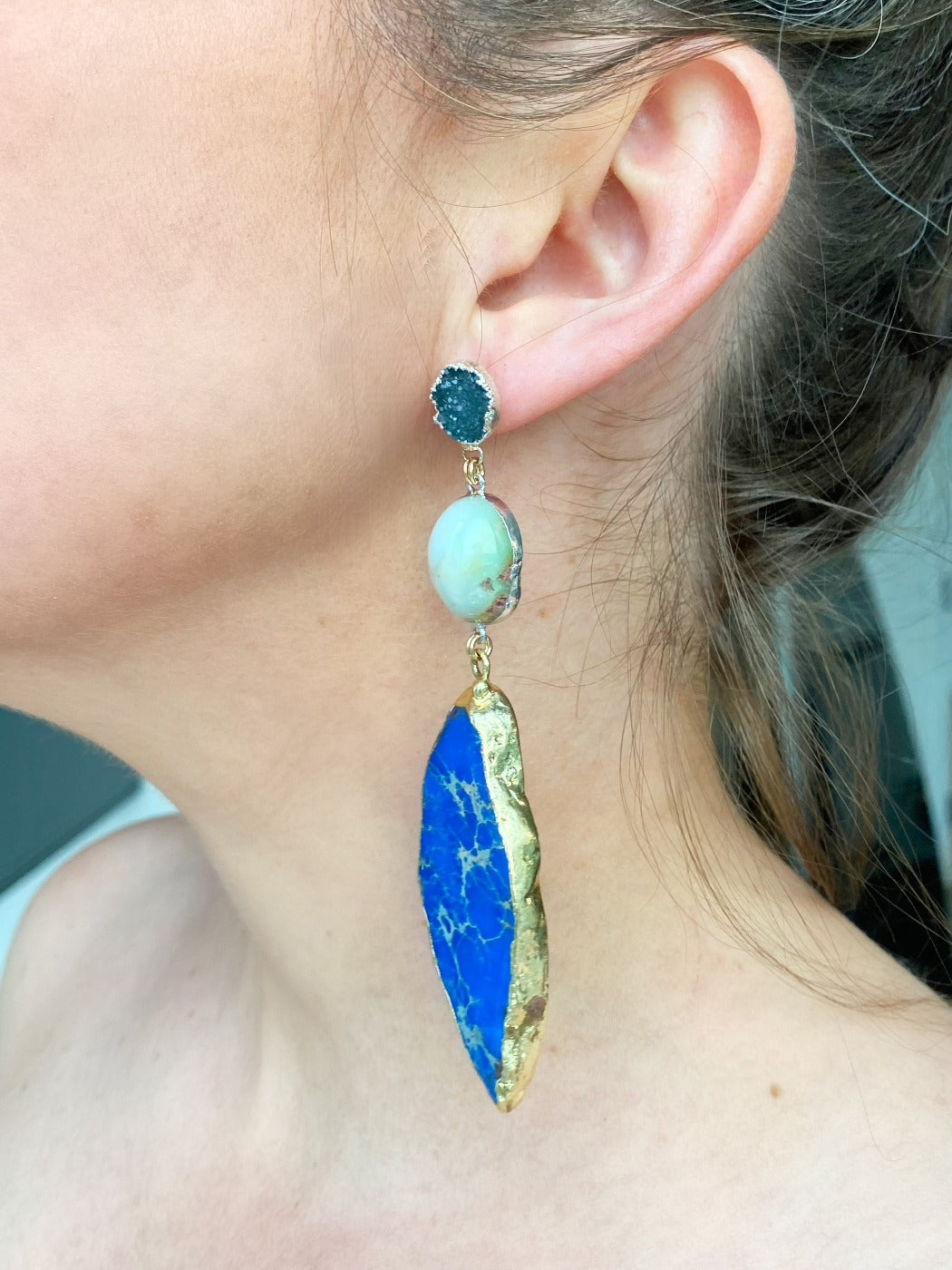 green chrysoprase drusy and jasper statement earring on ear