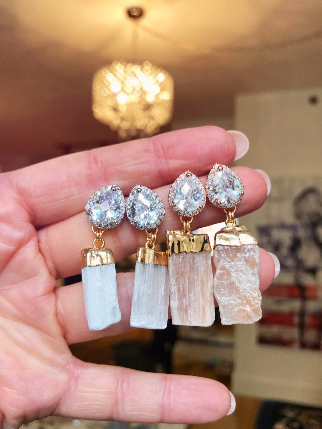 white and blush selenite statement earrings
