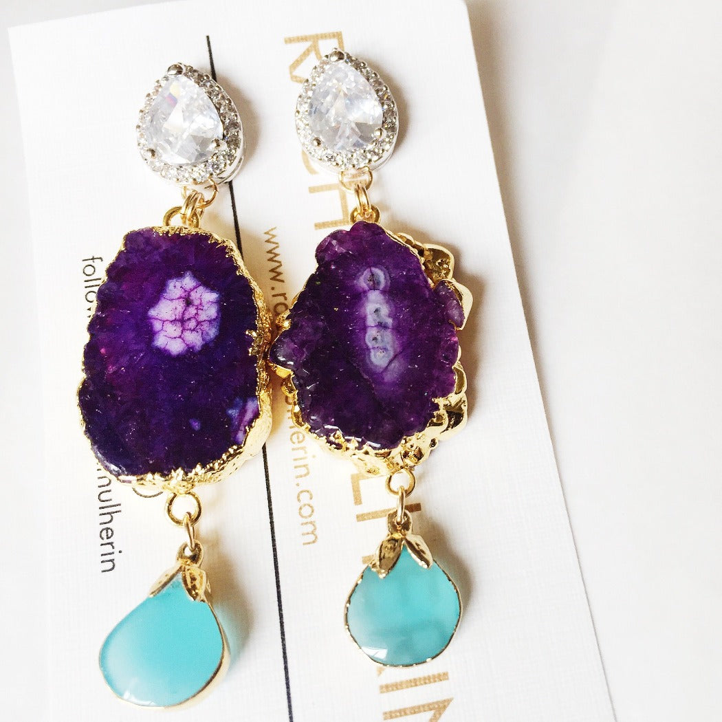 purple geode and blue CZ statement earring for gala