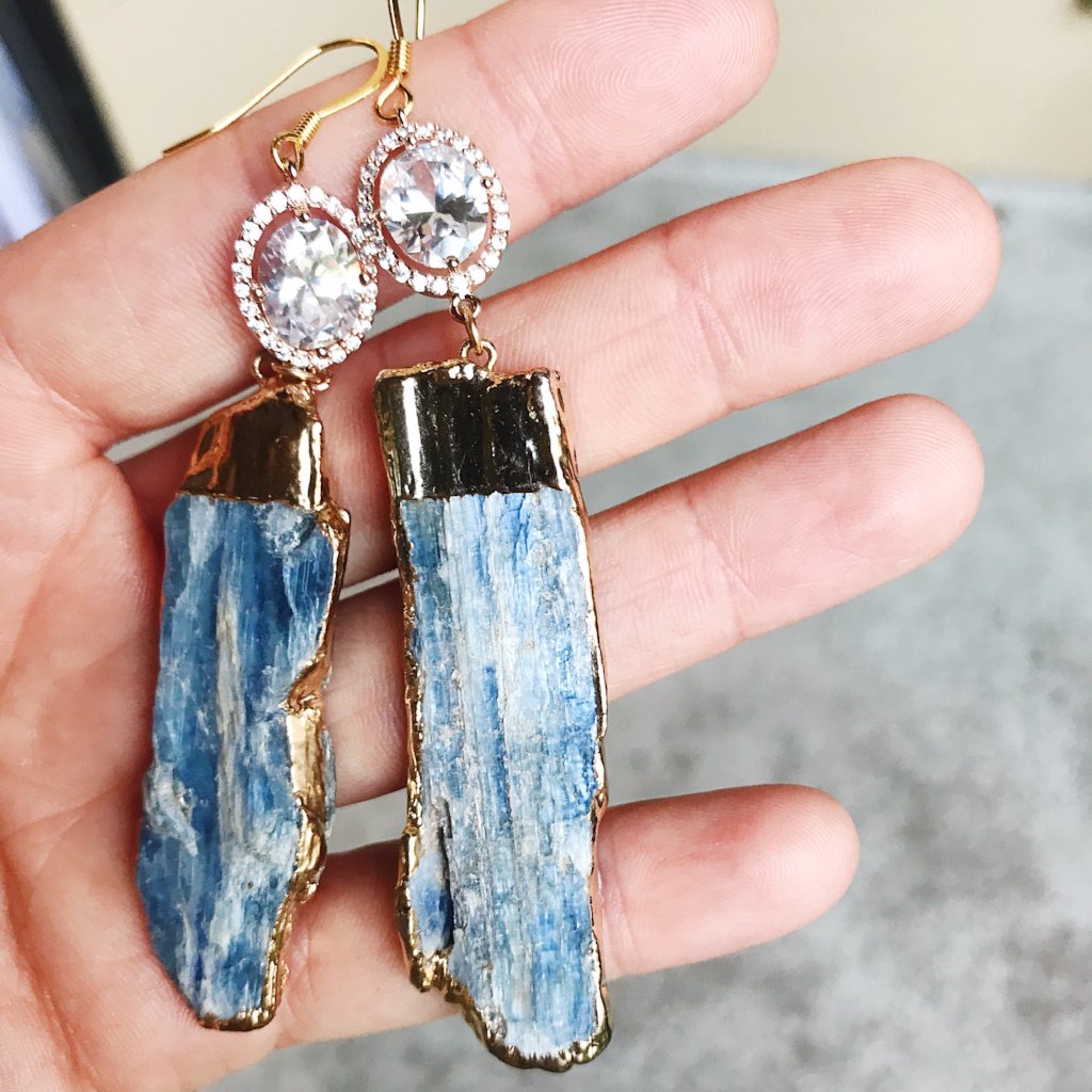 blue kyanite and rose gold CZ statement earrings