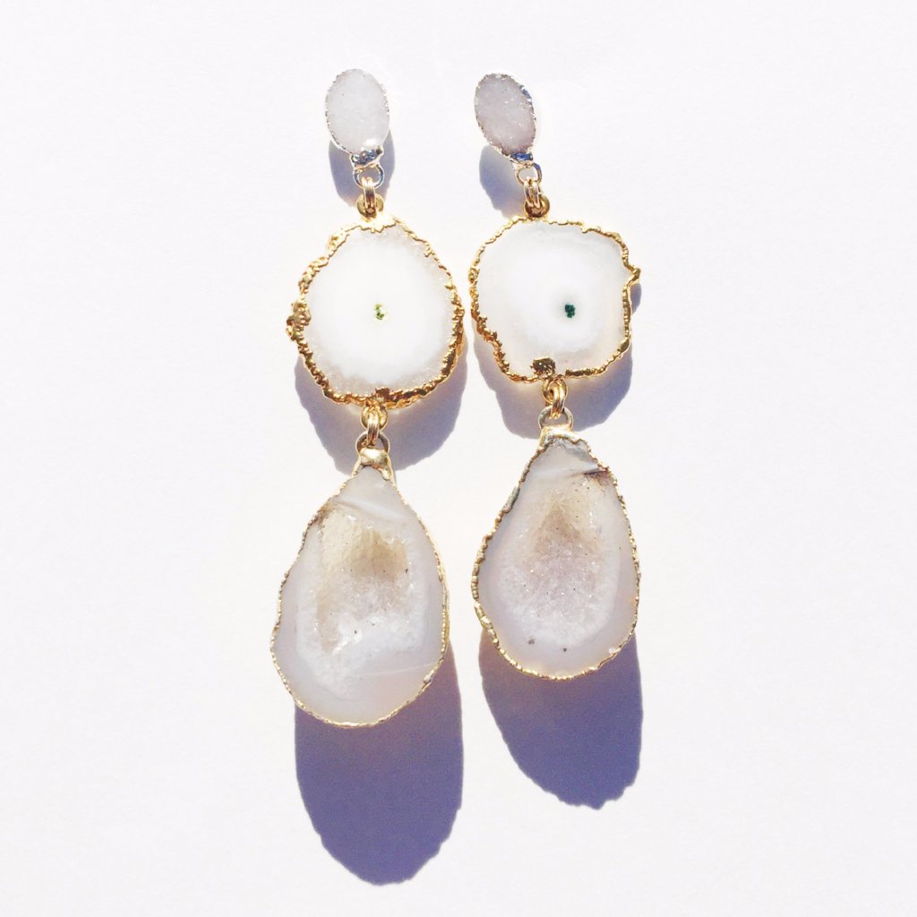 white drusy and geode wedding earrings for a bride