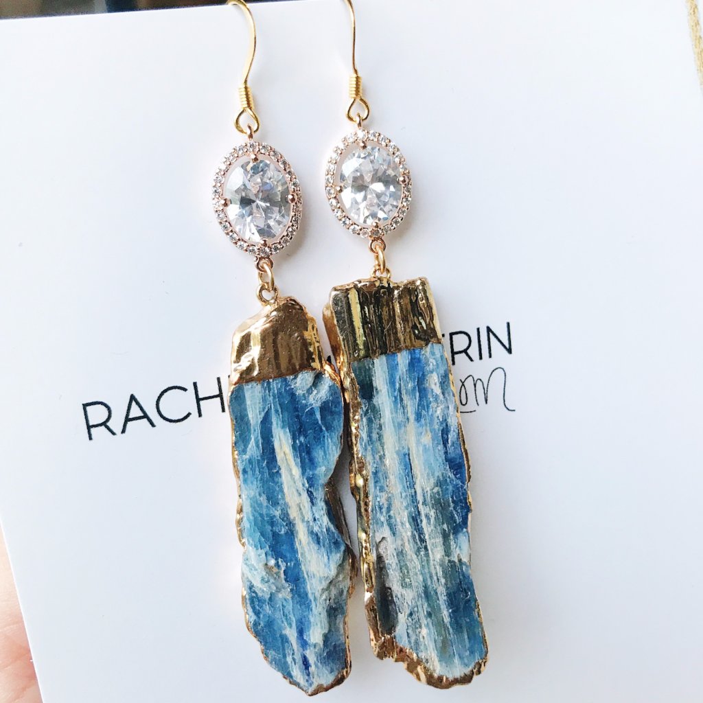 blue kyanite and rose gold CZ statement earrings