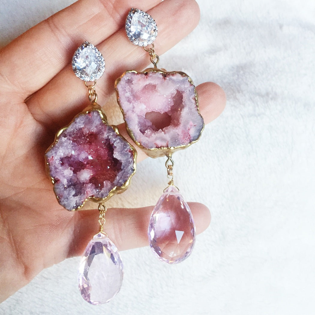 Rachel Mulherin Blush Drusy and Pink Topaz statement earrings with silver CZ