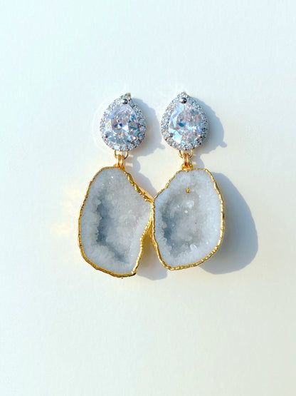 white geode CZ statement earrings for bridal wedding jewelry