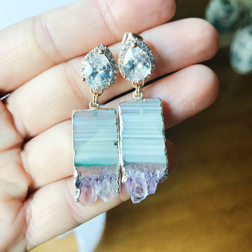 amethyst statement earrings in shades of green and purple