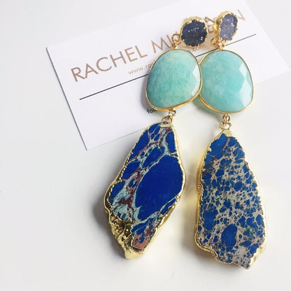 lavender drusy green chrysoprase and blue jasper statement earring by rachel mulherin