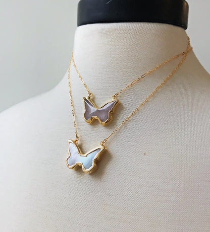 rose quartz and mother of pearl butterfly necklace in gold