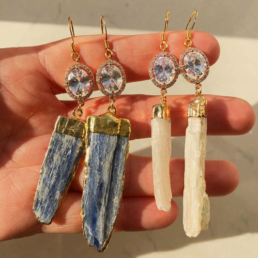 blue kyanite and blush selenite statement earrings with rose gold CZ accent