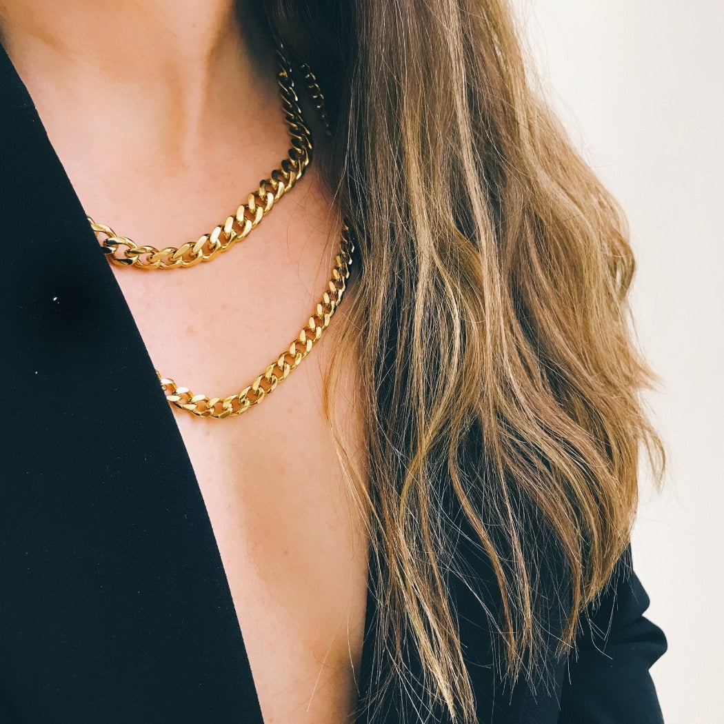 Rachel Mulherin basic gold layered curb chain necklaces on neck