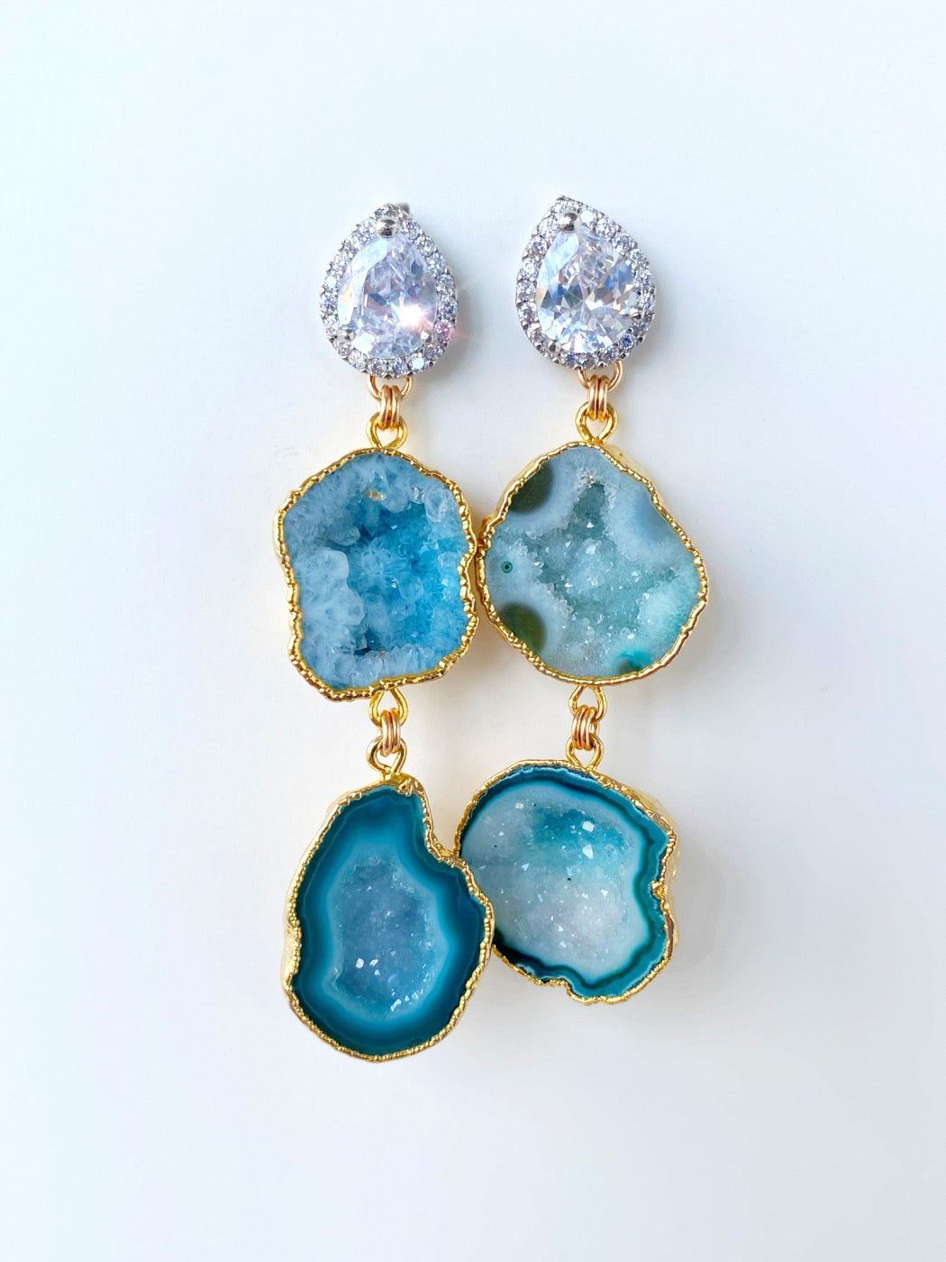 blue green geode statement earrings with silver CZ post
