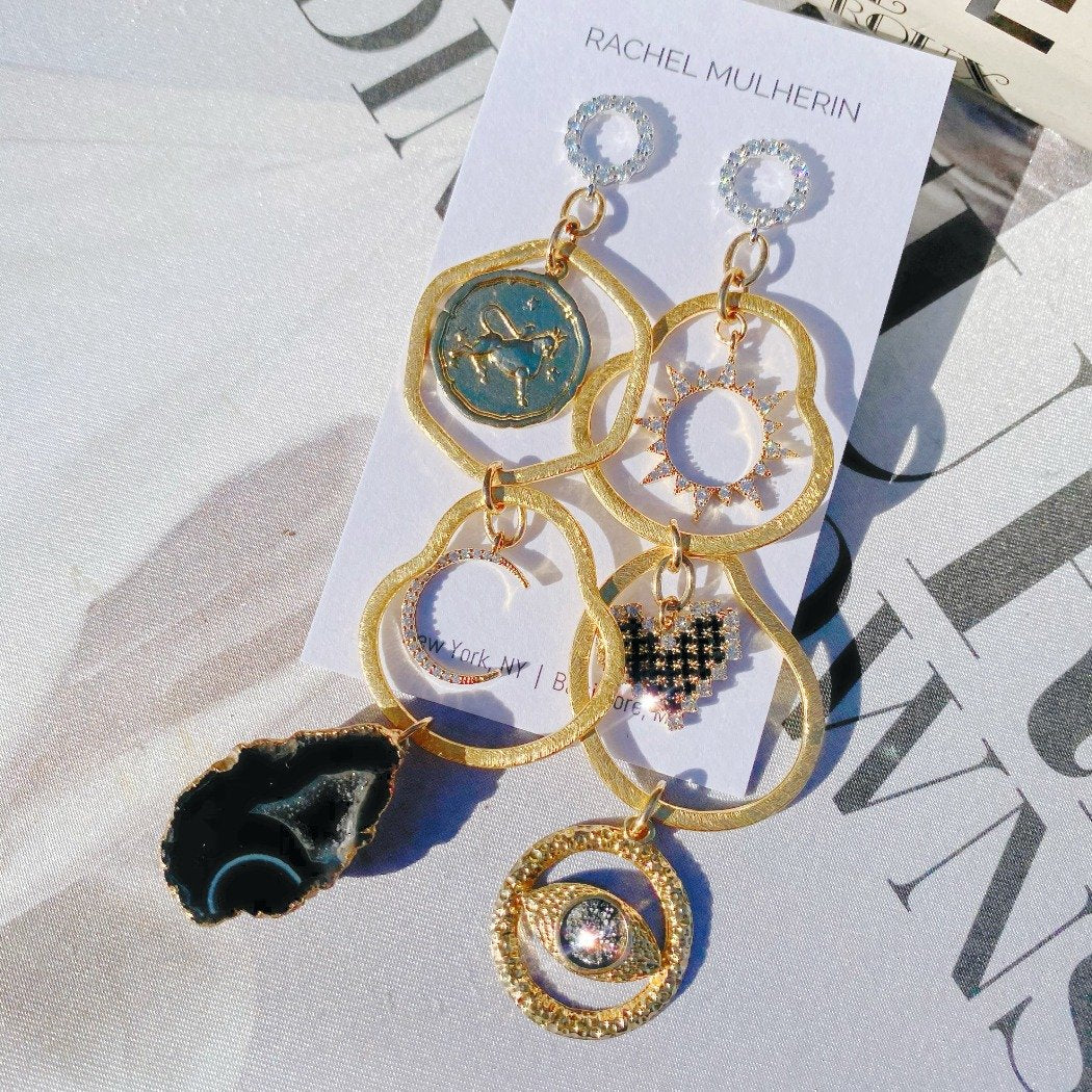 Rachel Mulherin Dorothea customizable Charm earrings with geodes and charms