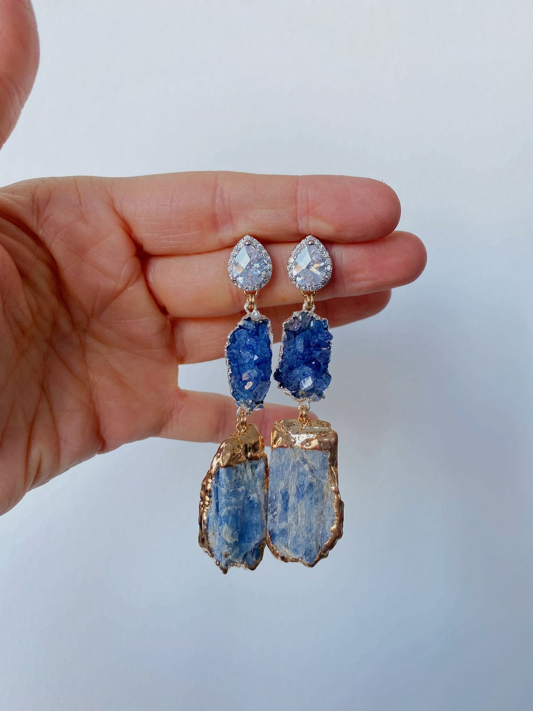 Rachel Mulherin blue kyanite and blue drusy statement earrings