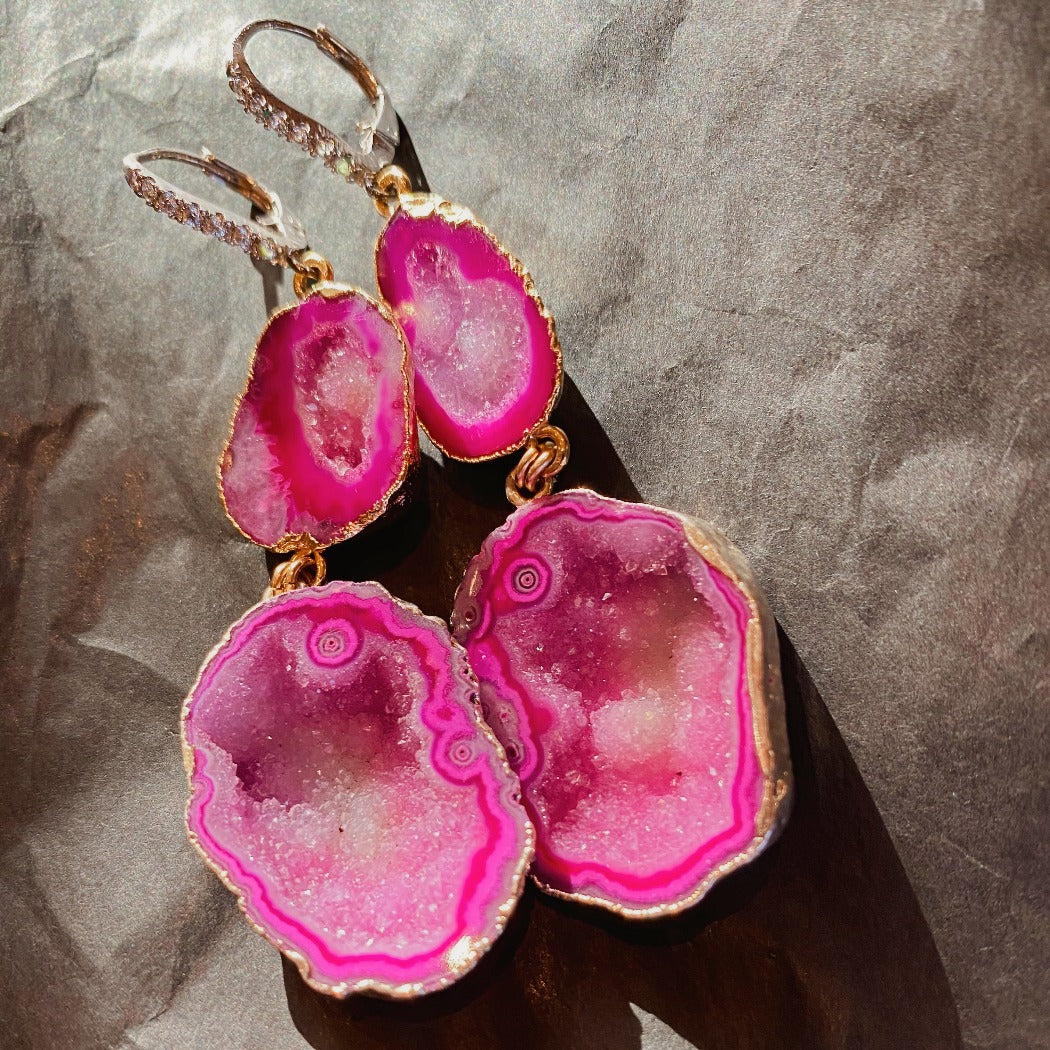 pink geode statement earrings with leverback CZ post