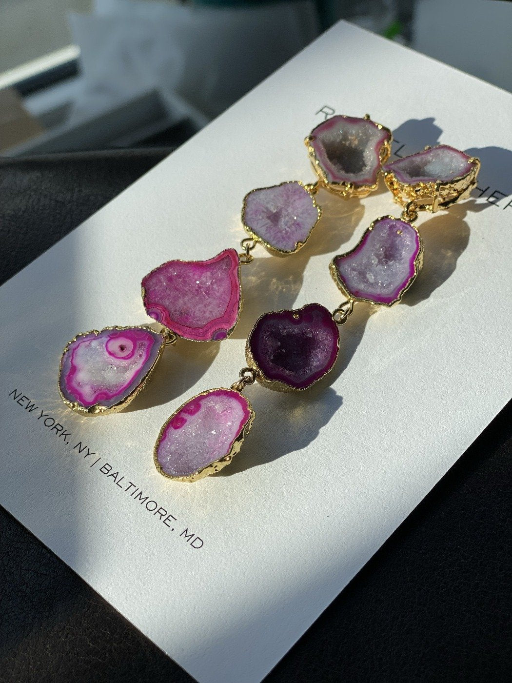 pink geode statement earrings by rachel mulherin