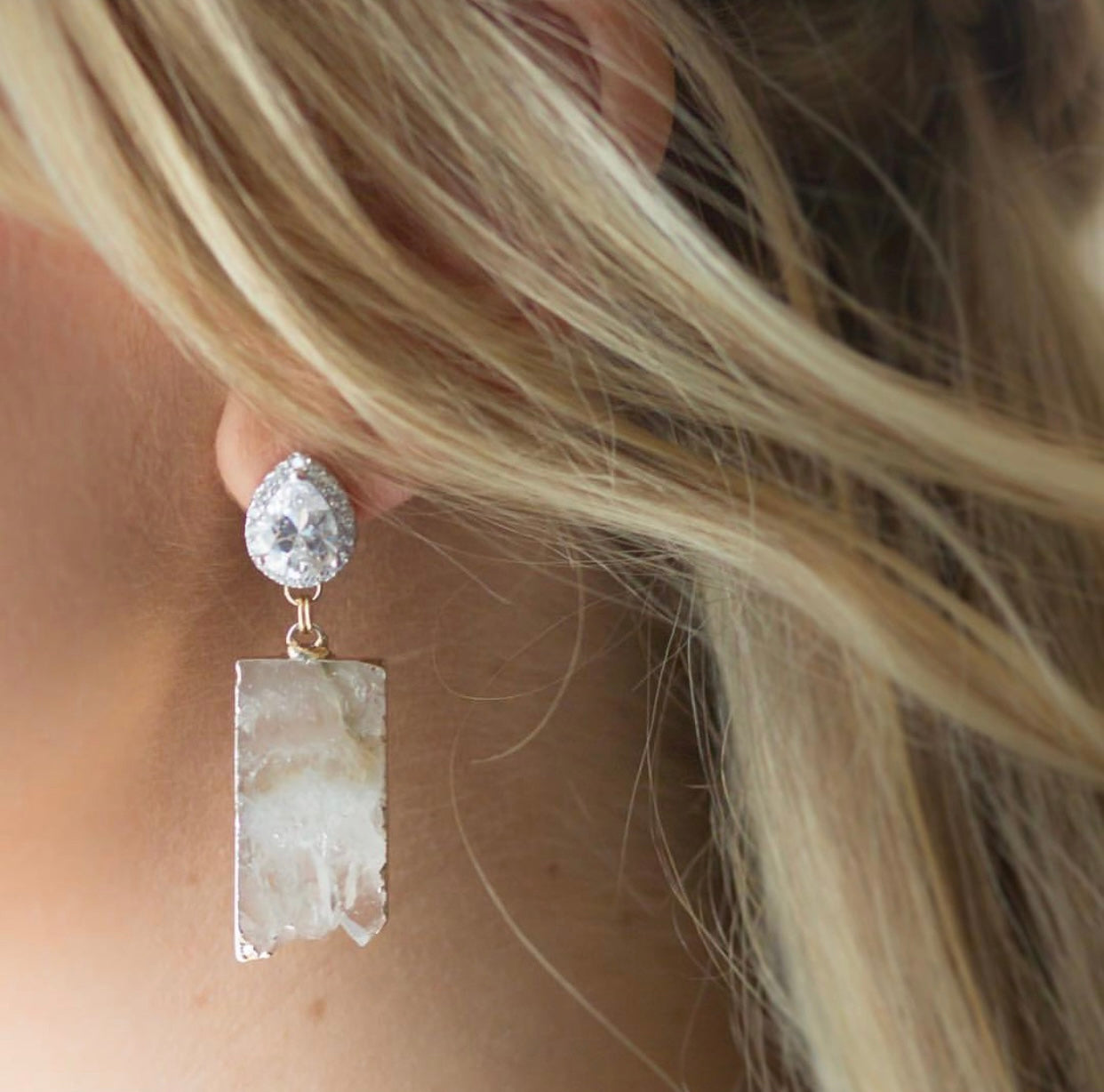 white amethyst CZ statement earring for bride in ear