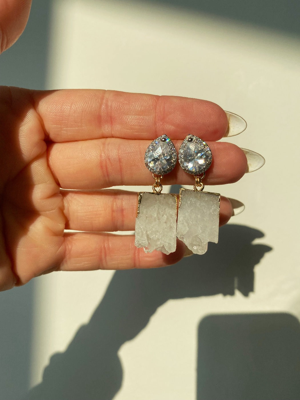 White amethyst geode CZ statement earrings for bride and bridesmaid
