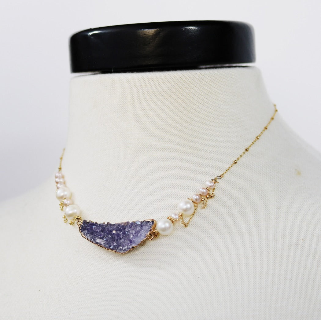 purple drusy and pearl necklace with gold chain detail