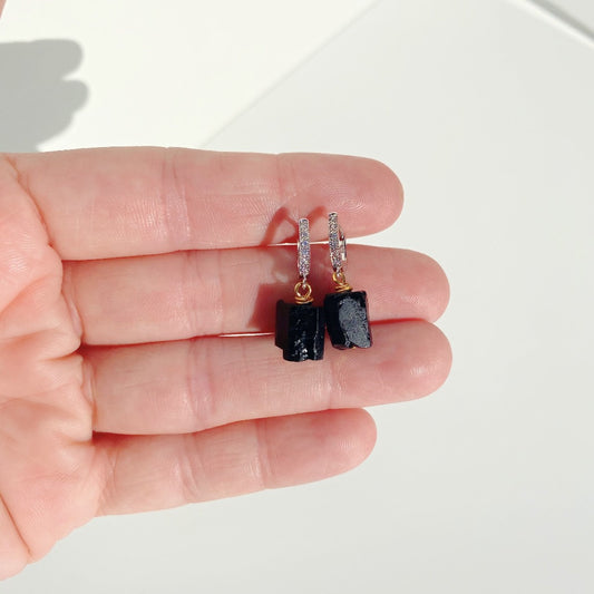 black tourmaline and gold wire wrapped CZ huggie earring
