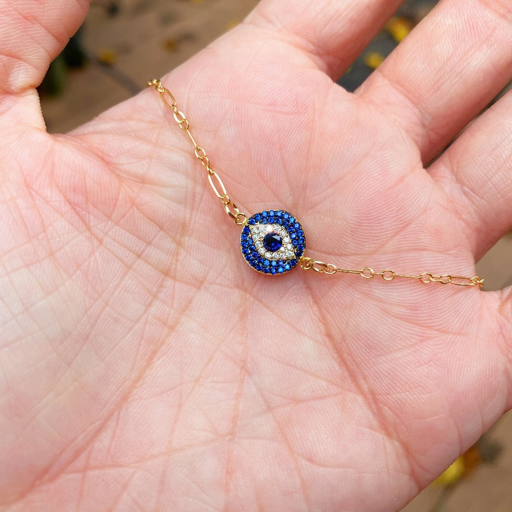 blue cz evil eye charm on gold chain