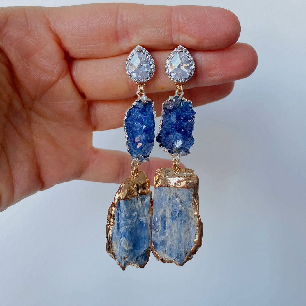 Rachel Mulherin Blue Kyanite and Blue drusy statement earrings in gold