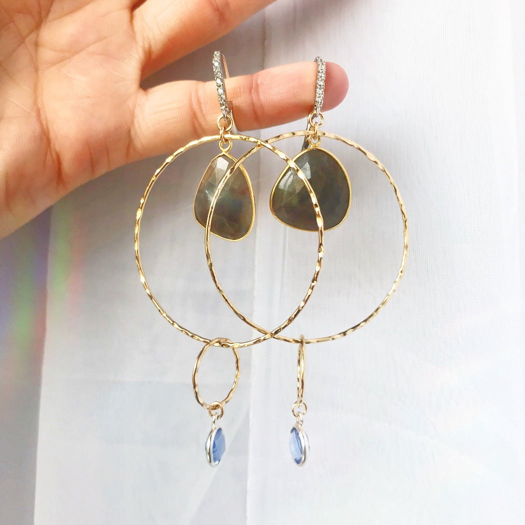 Rachel Mulherin Davis earrings with gold hoops and tourmaline and blue topaz stones