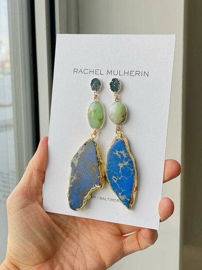 green chrysoprase and blue jasper statement earring in gold and silver for wedding
