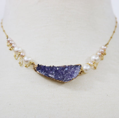 purple drusy and pearl necklace with gold chains