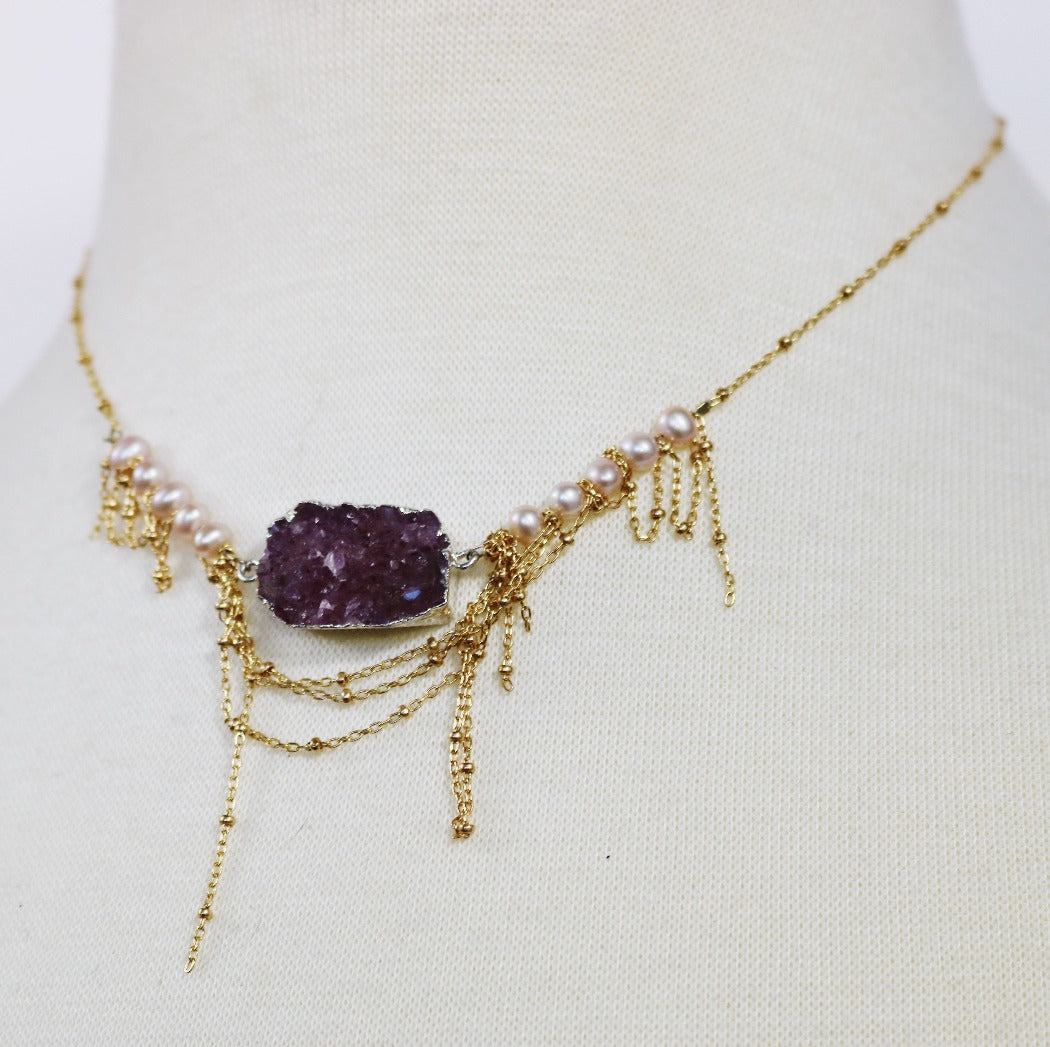 pearl and drusy draped necklace with gold chain detail