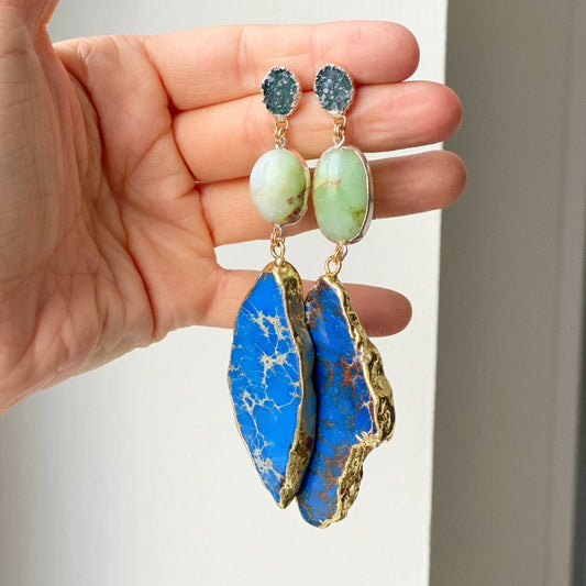 Lavender drusy green chrysoprase and blue jasper statement earring for something blue bride in silver and gold mixed metals