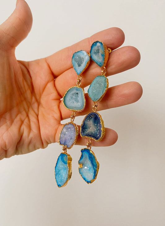 blue geode statement earrings in gold