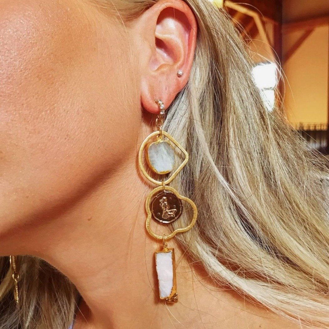 Rachel Mulherin Dorothea customizable charm earrings in gold with geode stones and charms