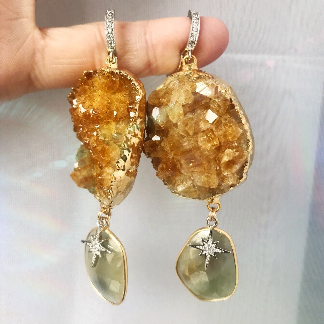 Rachel Mulherin Citrine and labradorite star and CZ statement earrings in gold