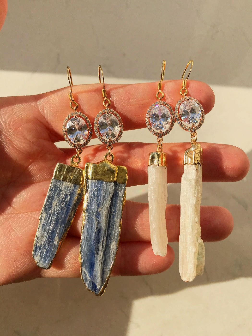 blue kyanite and blush selenite statement earrings
