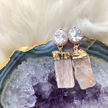 blush selenite statement earrings with CZ for wedding